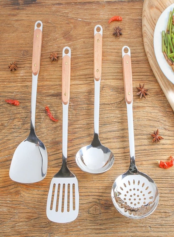 ليونز ملعقة مطبخ من الفولاذ المقاوم للصدأ 304 من ليونز، ملعقة مثقبة بمقبض خشبي طويل، طولها 14 بوصة - Image 4